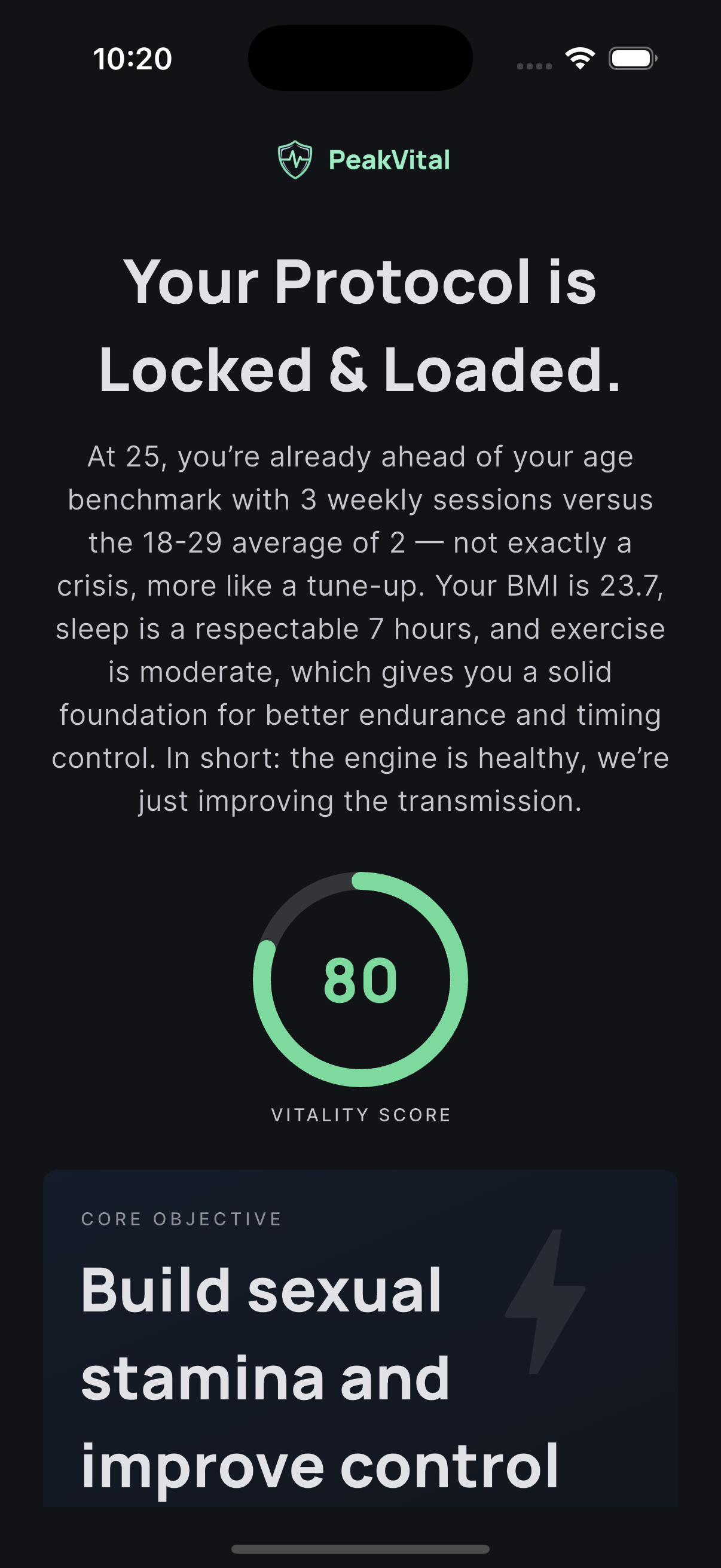 PeakVital dashboard — today's mission, streak, and weekly progress ring
